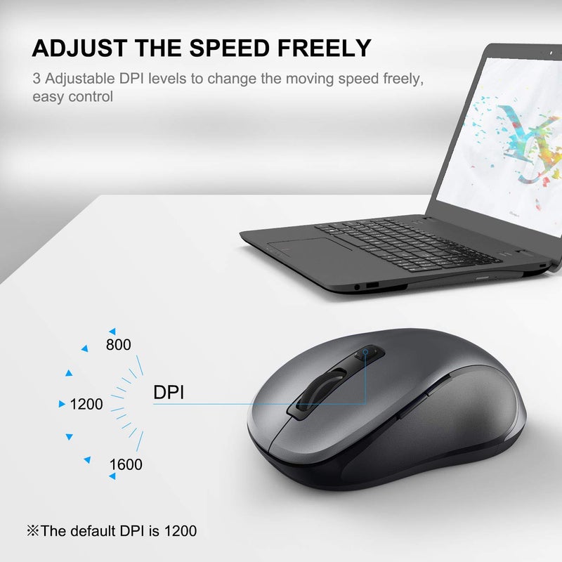 WisFox 2.4G Wireless Mouse for Laptop, Ergonomic Computer Mouse with USB Receiver and Type-C Adapter, 3 Adjustable Levels, 6 Button Cordless Mice for Windows Mac PC Notebook (Grey and Black) - Image 5